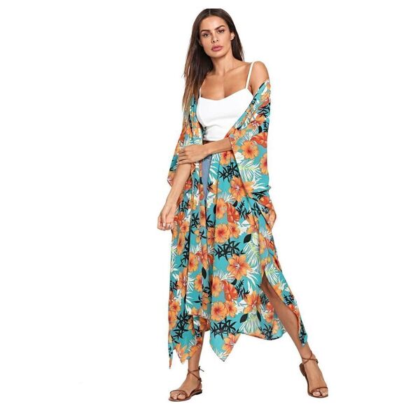 Women's Flowy Kimono Cardigan Open Front Maxi Dress Turquoise S-XX-Large - Picture 6 of 7